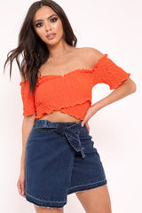 Orange Shirred Off The Shoulder Crop Top - Erial