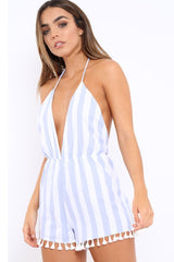 Blue Stripe Plunge Playsuit with Tassels - Erianna