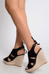 Black Faux Suede Tie Heel Wedges - Erica