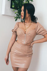 Nude Faux Leather Milkmaid Crop Skirt Co-ord - Primrose