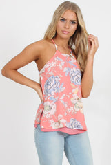 Coral Floral Side Split Top - Erika