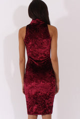 Wine Crushed Velvet Front Split Turtleneck Dress - Erin