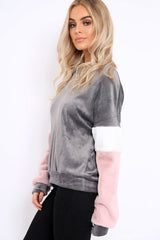 Grey Soft Fur Jumper with Contrast Sleeves - Erla