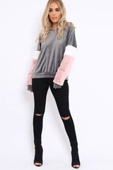 Grey Soft Fur Jumper with Contrast Sleeves - Erla