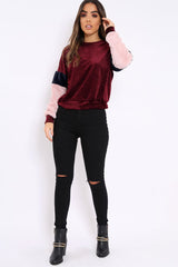 Wine Soft Fur Jumper with Contrast Sleeves - Erla