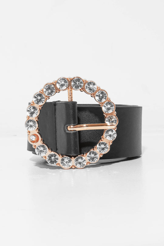 Black Rose Gold Diamante Buckle Belt - Ervie