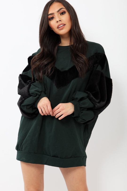 Green Chevron Fur Jumper Dress - Esme