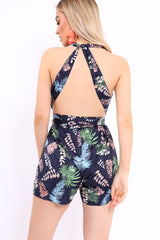 Blue Leaf Print Halterneck Playsuit - Esmeralda