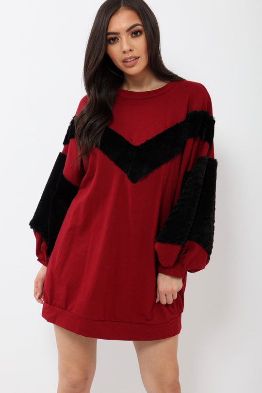 Wine Chevron Fur Jumper Dress - Esme