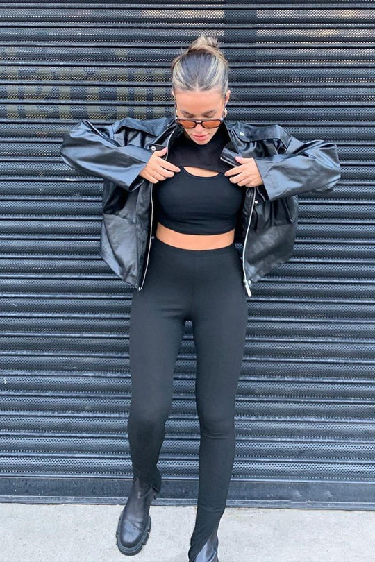 Black Ribbed Side Split Leggings - Enzie