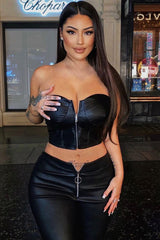 Black Faux Leather Zip Front Corset Top - Karolina