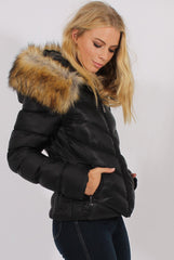 Black Quilted Coat with Faux Fur Hood Trim - Ester