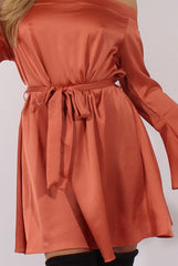 Rust Silky Bardot Tie Waist Dress - Esther