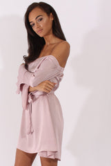 Pink Silky Bardot Tie Waist Dress - Esther