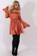 Rust Silky Bardot Tie Waist Dress - Esther