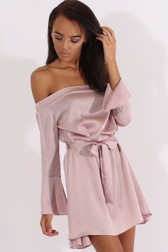 Pink Silky Bardot Tie Waist Dress - Esther