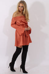 Rust Silky Bardot Tie Waist Dress - Esther