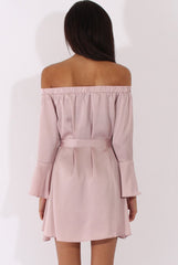 Pink Silky Bardot Tie Waist Dress - Esther