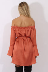 Rust Silky Bardot Tie Waist Dress - Esther