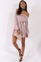 Pink Silky Bardot Tie Waist Dress - Esther