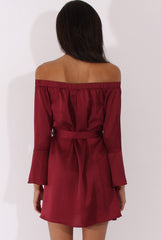 Red Silky Bardot Tie Waist Dress - Esther