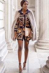 Black Gold Chain Print Belted Shirt Dress - Estie