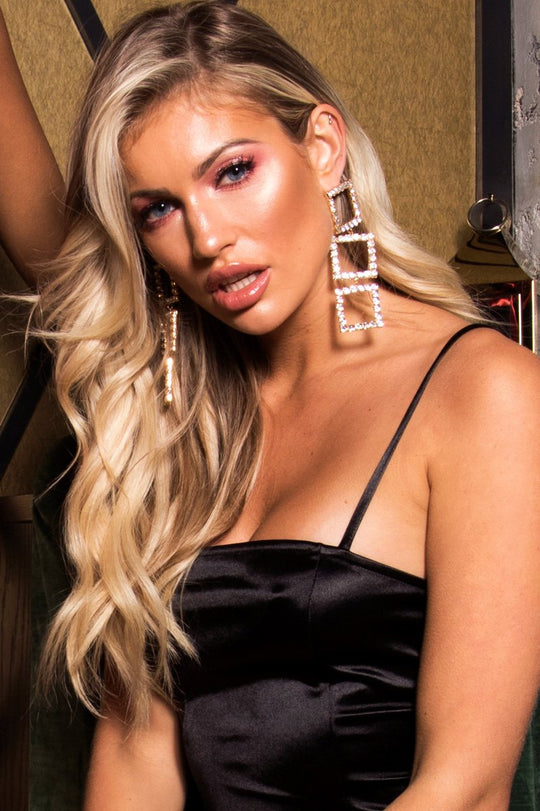 Gold Square Drop Diamante Embellished Earrings - Euna