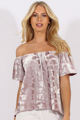 Mauve Crushed Velvet Dipped Hem Bardot Top - Eva