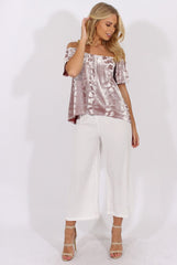 Mauve Crushed Velvet Dipped Hem Bardot Top - Eva