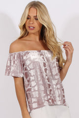 Mauve Crushed Velvet Dipped Hem Bardot Top - Eva