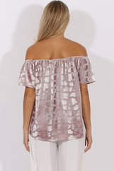 Mauve Crushed Velvet Dipped Hem Bardot Top - Eva