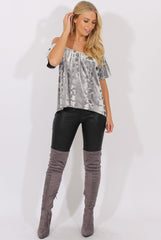 Grey Crushed Velvet Dipped Hem Bardot Top - Eva