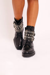 Black Spike and Stud Military Boots - Evalina
