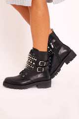 Black Spike and Stud Military Boots - Evalina