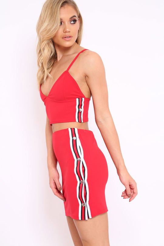 Red Sports Trim Bralet and Skirt Co-ord - Evangeline