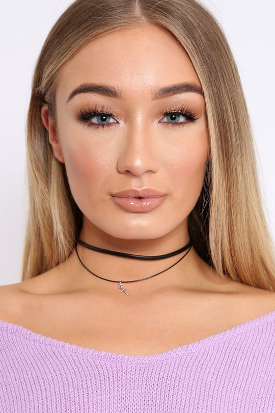 Black Double Strap Mini Cross Choker - Evanna