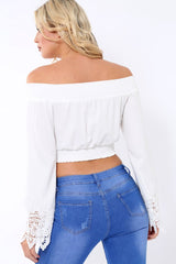 White Bardot Top with Crochet Sleeve Trim - Evannah