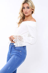 White Bardot Top with Crochet Sleeve Trim - Evannah