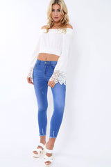 White Bardot Top with Crochet Sleeve Trim - Evannah