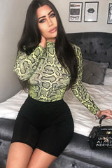 Lime Snake Print High Neck Long Sleeve Bodysuit - Evanna