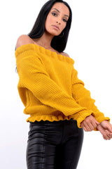 Mustard Knitted Ruffle Jumper with Elasticated hems - Eve