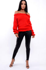 Red Knitted Ruffle Jumper with Elasticated hems - Eve
