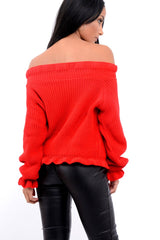 Red Knitted Ruffle Jumper with Elasticated hems - Eve