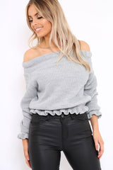 Grey Knitted Ruffle Jumper with Elasticated hems - Eve