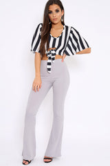 Black Striped Cut Out Tie Front Crop Top - Evelia