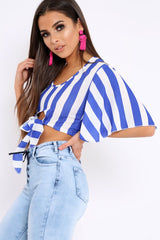 Blue Striped Cut Out Tie Front Crop Top - Evelia