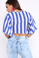 Blue Striped Cut Out Tie Front Crop Top - Evelia