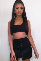 Black Faux Suede Lace Up Mini Skirt - Evelise