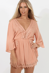 Salmon Low Cut Crochet Playsuit - Evelyn