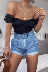 Light Wash Belted High Waist Paper Bag Shorts - Everlei